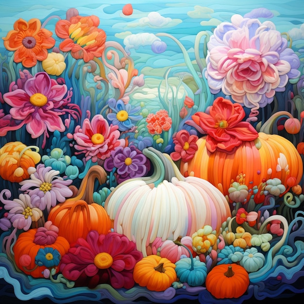 pintura de un campo de flores y calabazas con un fondo de cielo generativo ai