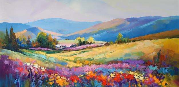 Una pintura de un campo de flores con una casa al fondo.