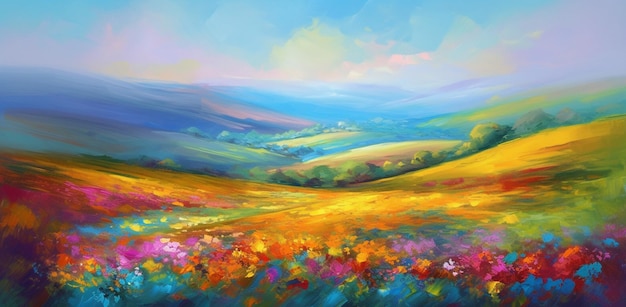 Una pintura de un campo de flores con un cielo azul de fondo.