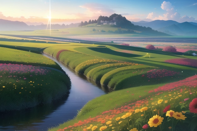 Una pintura de un campo con flores y una colina al fondo.