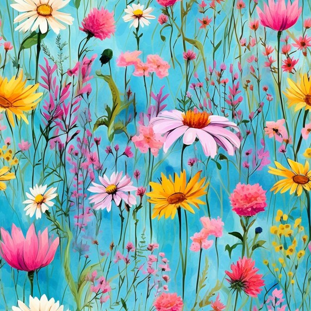 una pintura de un campo de flores con un fondo azul generativo ai