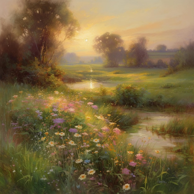 Una pintura de un campo de flores junto al río.