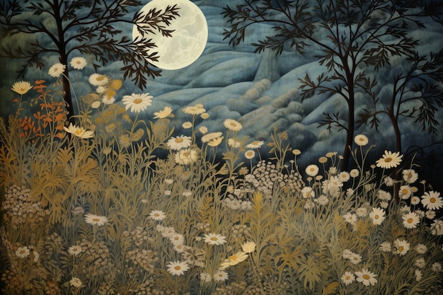 pintura de un campo de flores con la luna llena de fondo ai generativo