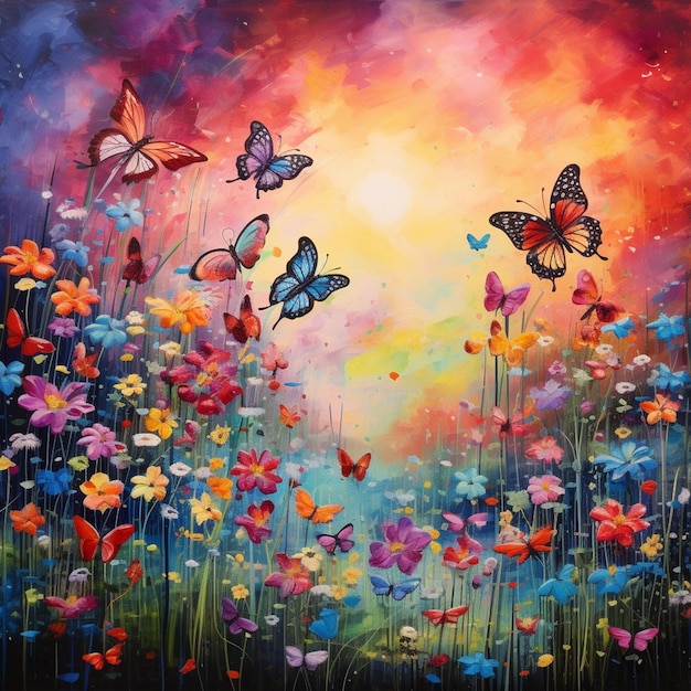 pintura de un campo de flores con mariposas volando alrededor generativo ai