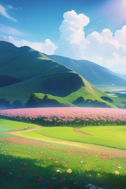 Una pintura de un campo de flores con una montaña al fondo.