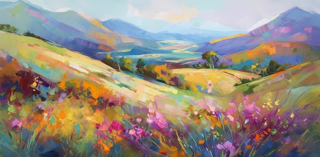 Una pintura de un campo de flores con montañas al fondo.