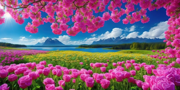 Foto una pintura de un campo de flores con montañas en el fondo.