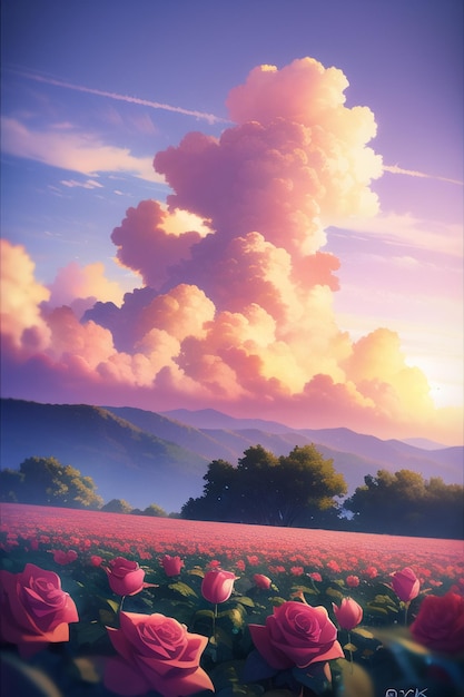 Una pintura de un campo de flores con una nube rosa en el fondo.