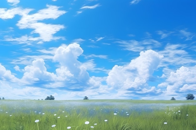 una pintura de un campo con flores y nubes