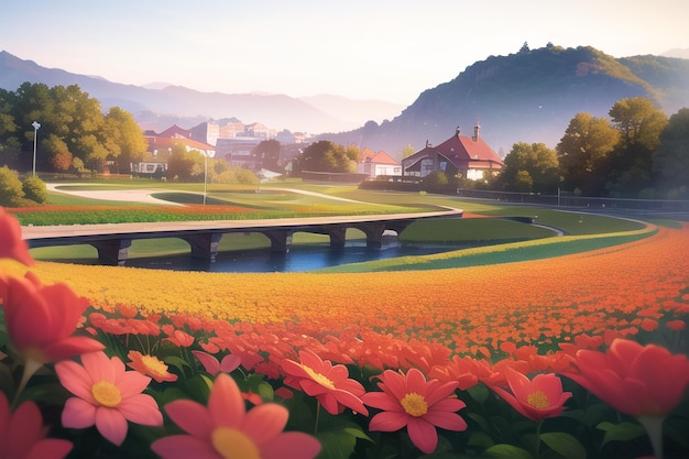 Una pintura de un campo de flores con un puente al fondo.