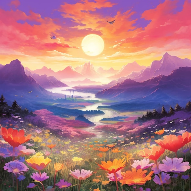 Una pintura de un campo de flores con una puesta de sol de fondo.