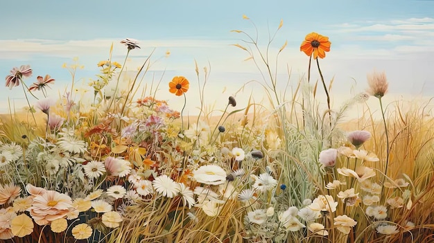 Una pintura de un campo de flores silvestres