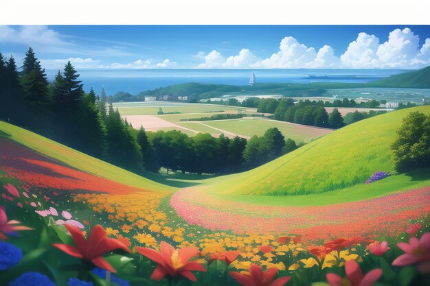 Una pintura de un campo de flores con una vista del océano al fondo.