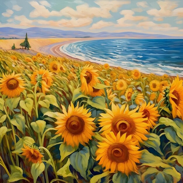 Una pintura de un campo de girasoles junto al océano