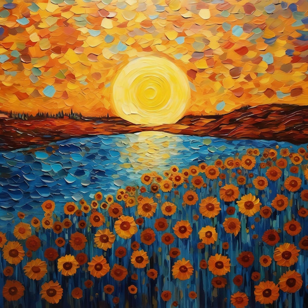 Una pintura de un campo de girasoles junto a un lago.