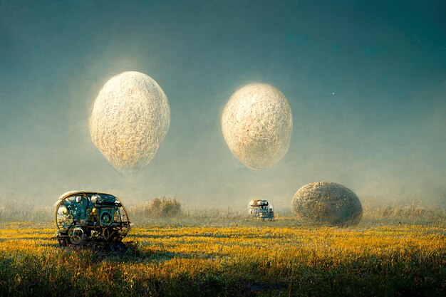 una pintura de un campo con globos en el cielo