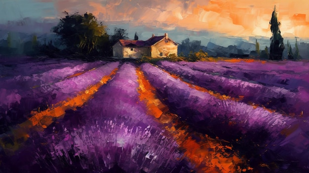 Una pintura de un campo de lavanda con una casa al fondo.