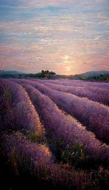 Una pintura de un campo de lavanda con la puesta de sol detrás de él.