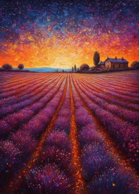 una pintura de un campo de lavandas con una puesta de sol de fondo ai generativo