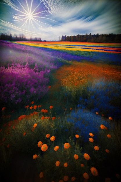 una pintura de un campo lleno de flores