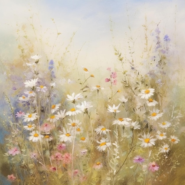 pintura de un campo de margaritas y otras flores silvestres en una pintura generativa ai