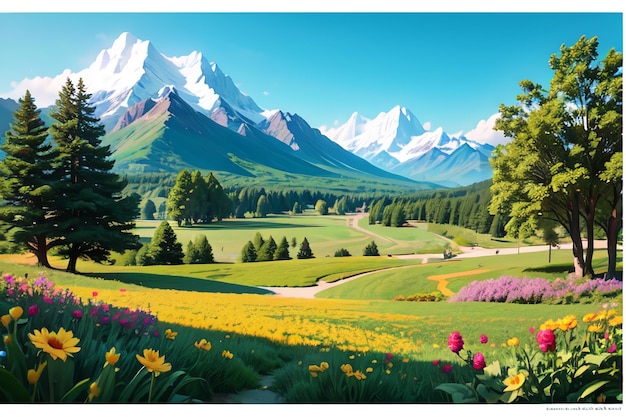 Una pintura de un campo con montañas y flores.