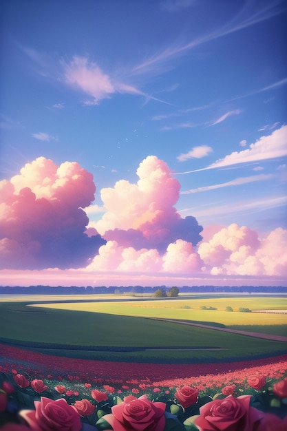 Una pintura de un campo con nubes y un cielo azul.