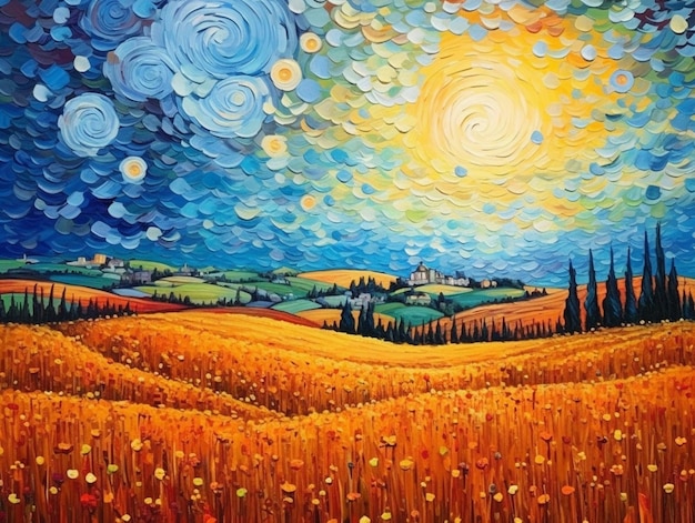 Una pintura de un campo con una puesta de sol y el cielo de fondo.