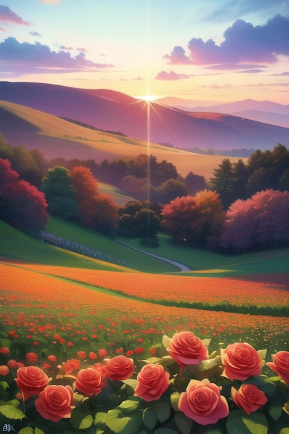 Una pintura de un campo de rosas con el sol brillando sobre él.