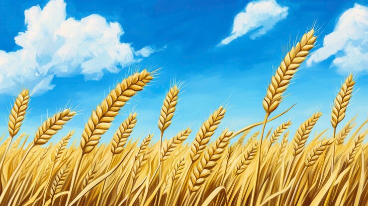 Una pintura de un campo de trigo con un cielo azul en el fondo