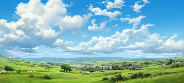 Una pintura de un campo verde con un cielo azul y nubes.