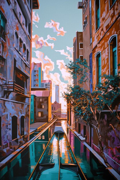 Una pintura de un canal en una ciudad con un bote en el agua.