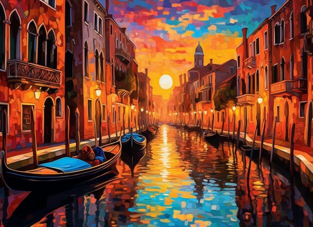 Pintura de un canal con góndolas y edificios al atardecer