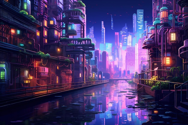 Foto pintura del canal del río neon cyberpunk