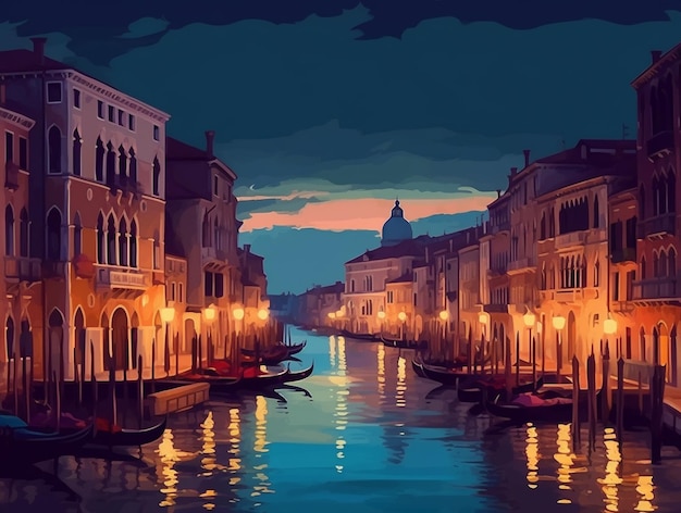 Una pintura de un canal en Venecia en la noche