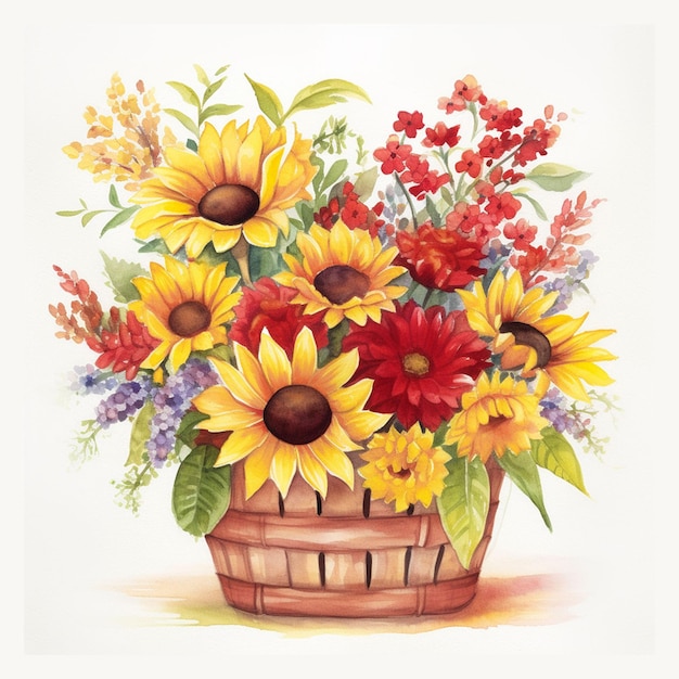 Una pintura de una canasta de flores con la palabra "girasol".