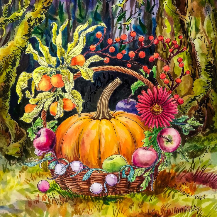 una pintura de una canasta con frutas y una canasta de frutas