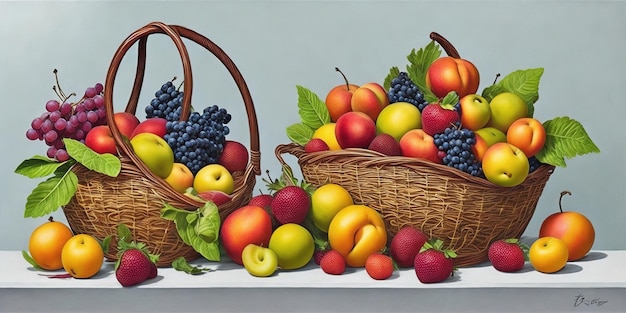 Una pintura de canastas de frutas con una de ellas con un racimo de frutas.