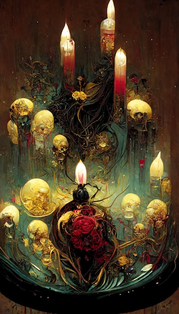 Una pintura de un candelabro con calaveras.