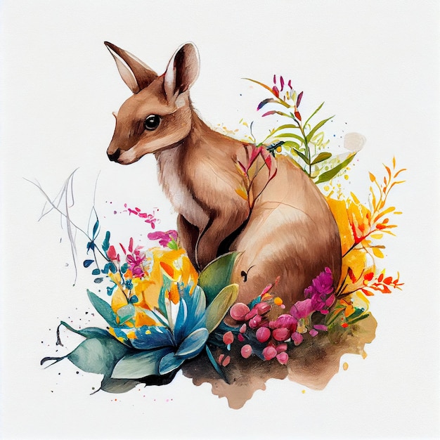 Una pintura de un canguro sentado en las flores.