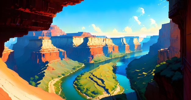 Una pintura de un cañón con un río en primer plano y un cielo azul con nubes.