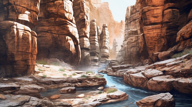 Una pintura de un cañón con un río que fluye a través de él.