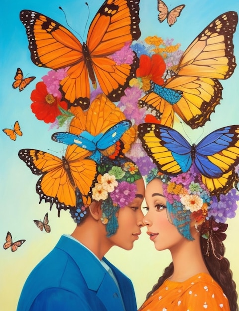 Una pintura caprichosa de una pareja con una vibrante variedad de mariposas que adornan sus cabezas.