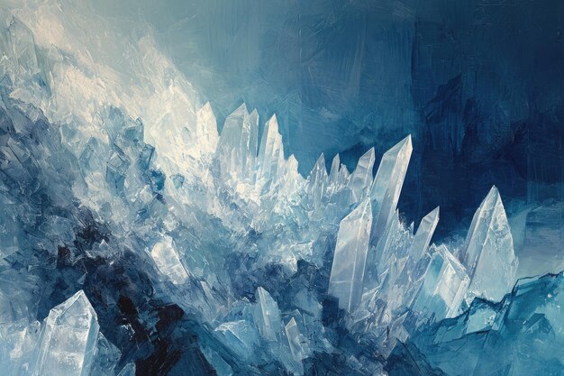 Una pintura captura la intrincada belleza de los cristales de hielo contra un telón de fondo azul vibrante estructuras cristalinas en tonos fríos que sugieren un paisaje helado AI generado