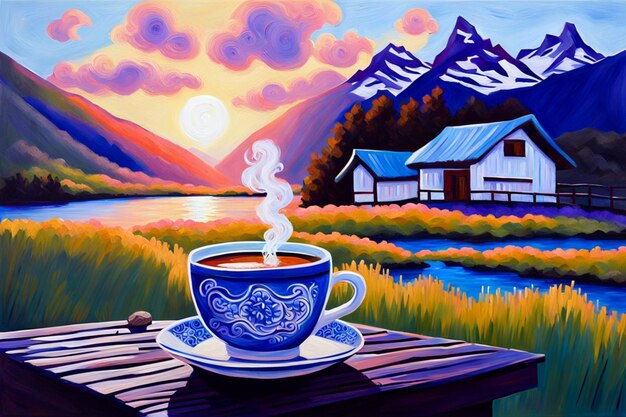 Pintura capturando dos tazas de té en una mesa en una terraza frente a un hermoso paisaje alpino