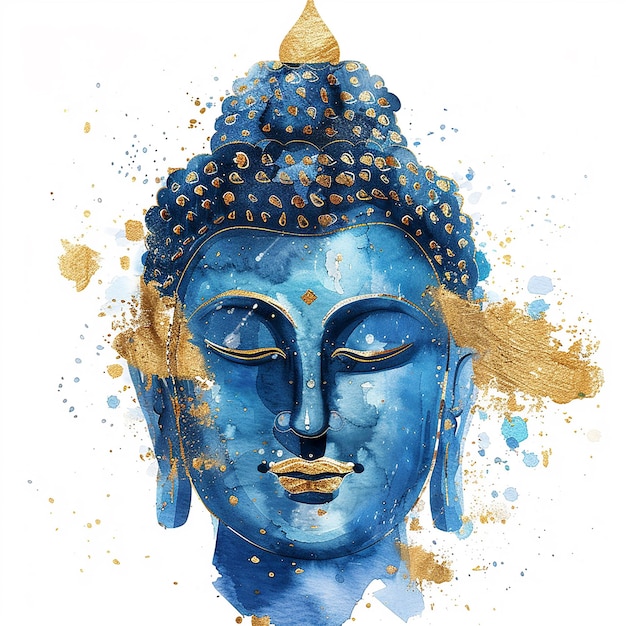 Una pintura de una cara azul con acentos dorados y un círculo dorado en el medio La pintura es de una estatua de Buda