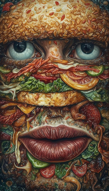 Una pintura de una cara con una cara que dice 'comida' en ella