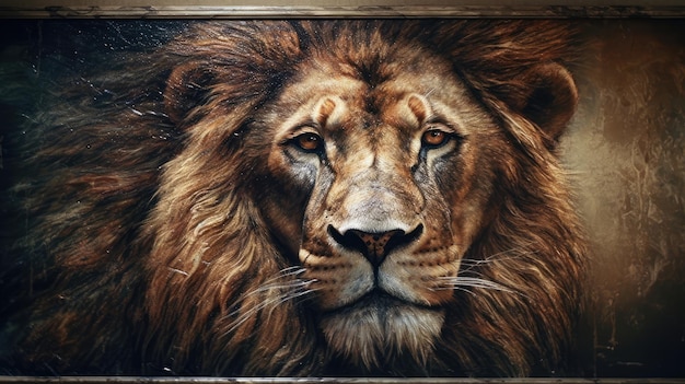 Una pintura de la cara de un león está enmarcada en un marco de madera.