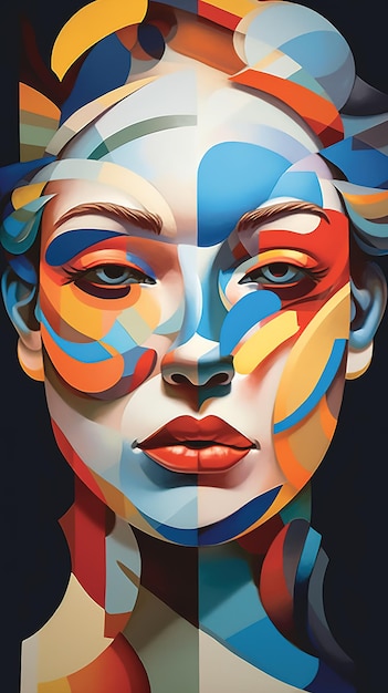 Una pintura de la cara de una mujer con una cara azul y naranja.