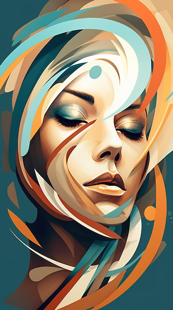 Una pintura de la cara de una mujer con colores azul y naranja.